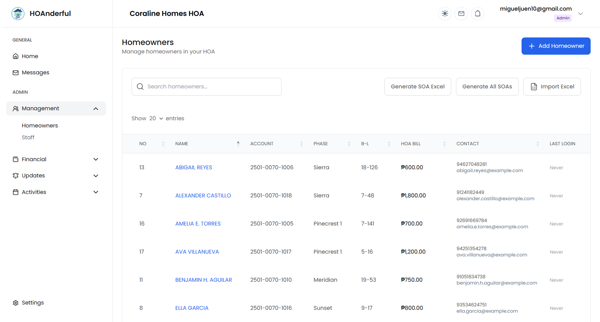 The HOAnderful dashboard showing homeowner billing and community management